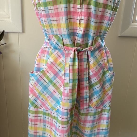 Vintage 60s Pastel Rainbow Plaid Zip Front Belted Housedress M/L - Picture 6 of 9